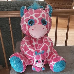 Pink & Blue Adult Giraffe w/ attached Baby Giraffe